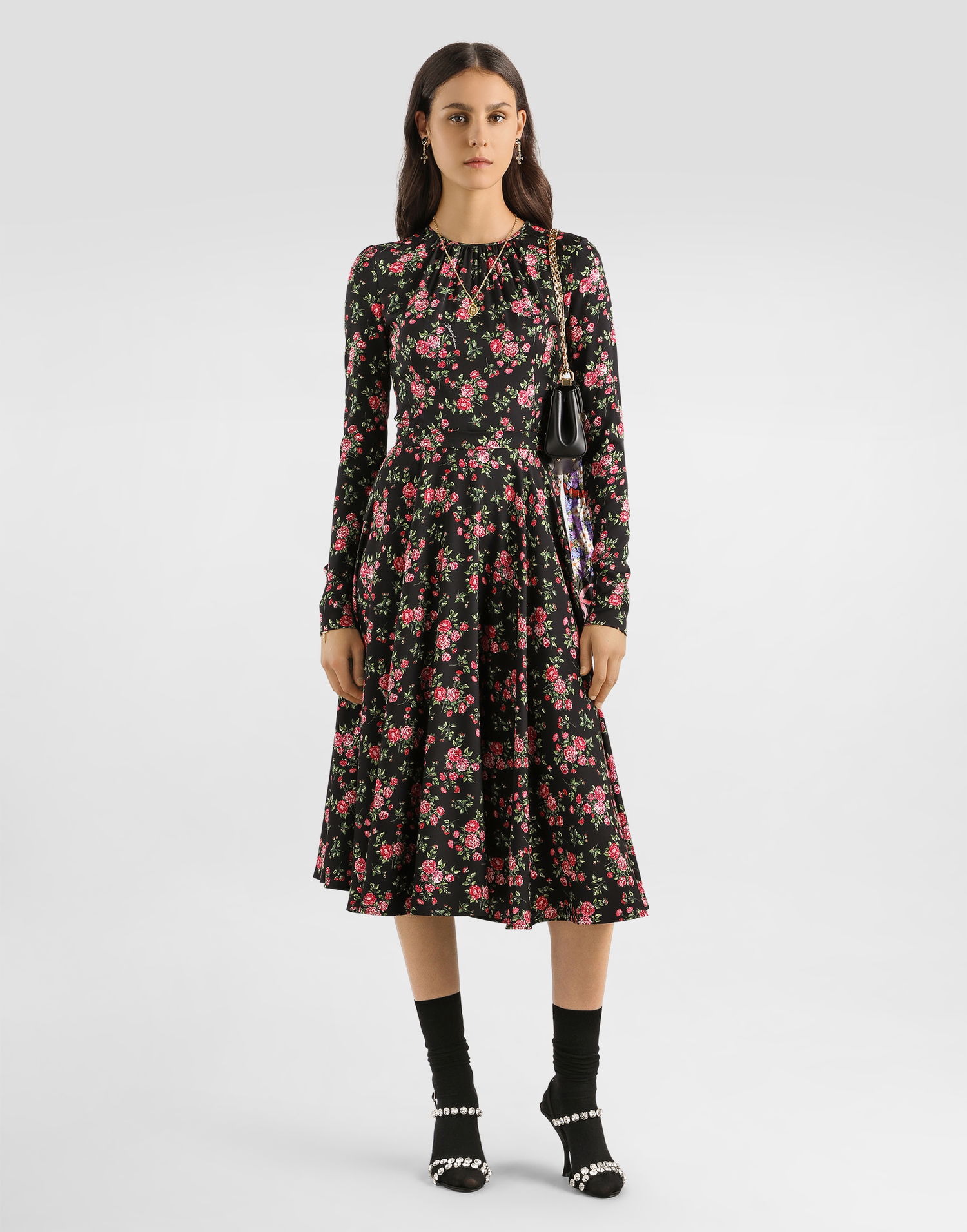 Šaty Dolce & Gabbana Long Sleeve High Neck Small Rose Bouquets-print Charmeuse Midi Dress Rôznofarebný | F60HMTFSA8BHN5XP, 1
