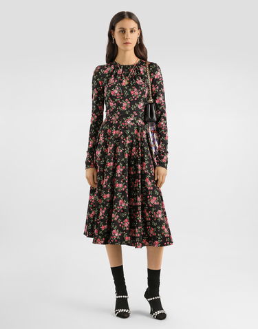 Šaty Dolce & Gabbana Long Sleeve High Neck Small Rose Bouquets-print Charmeuse Midi Dress Rôznofarebný | F60HMTFSA8BHN5XP, 1