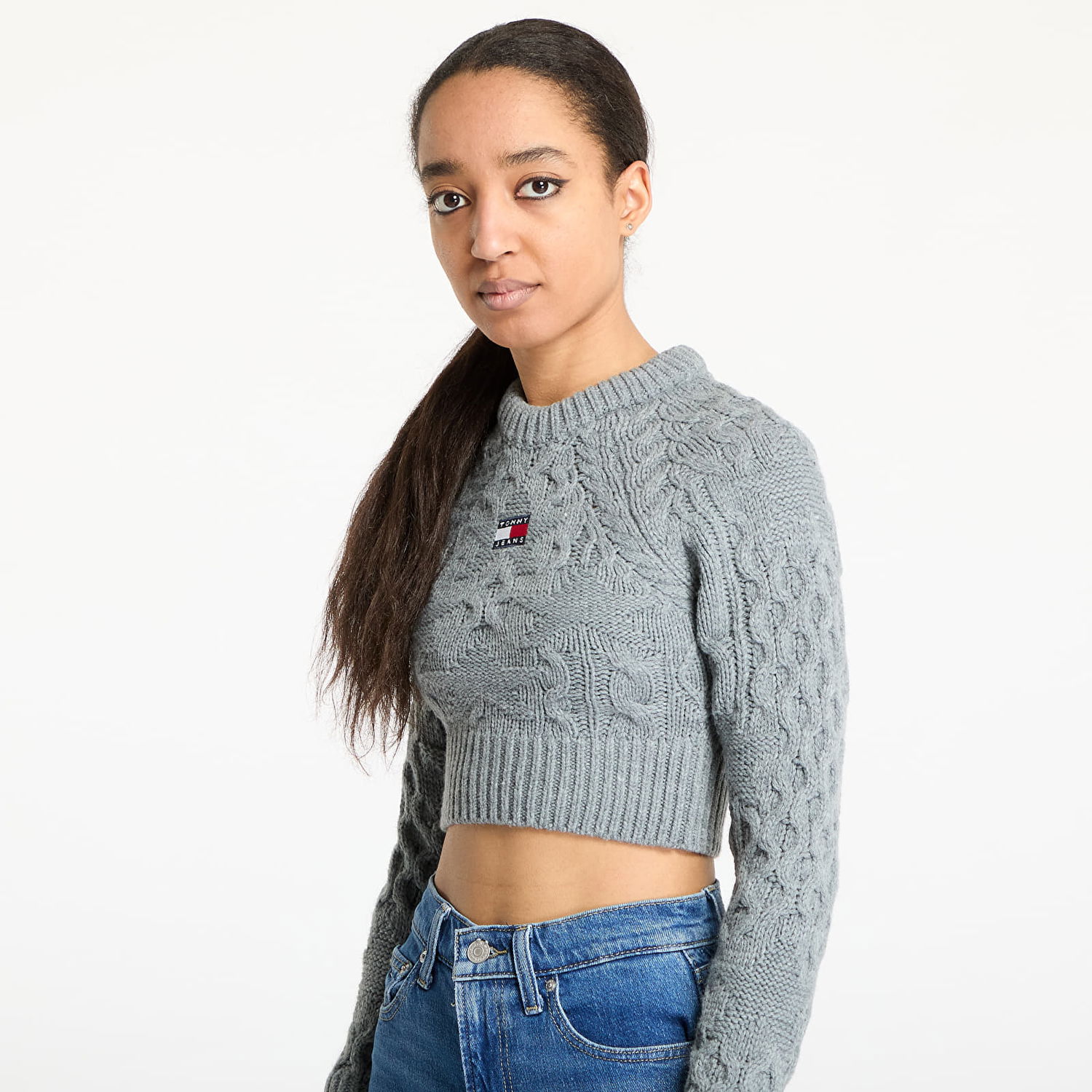 Sveter Tommy Hilfiger Tommy Jeans Badge Star Cable Cropped Sweater Šedá | DW0DW19882 P6N, 1
