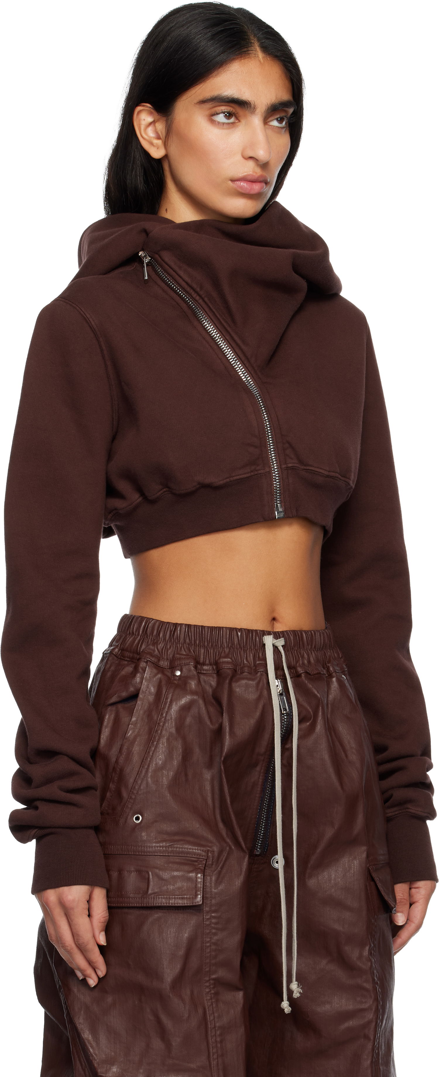 Mikina Rick Owens Concordians Micro Mountain Cropped Asymmetric Zip Hoodie Hnedá | DS02E7237 F, 1