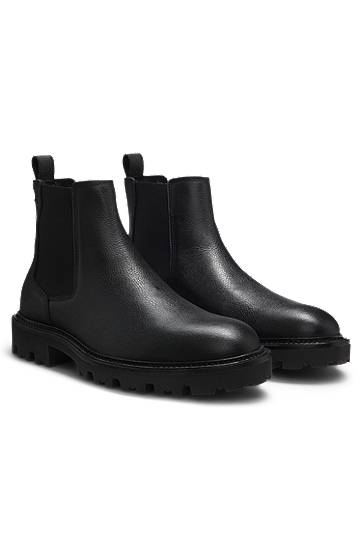 Kabáty BOSS Grained Leather Chelsea Boots with Lug Sole Čierna | 50552573, 0