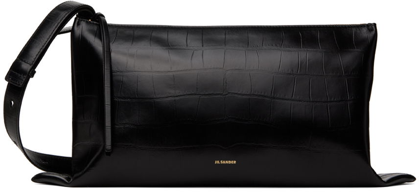 Black Croc-Effect Leather Medium Shoulder Bag