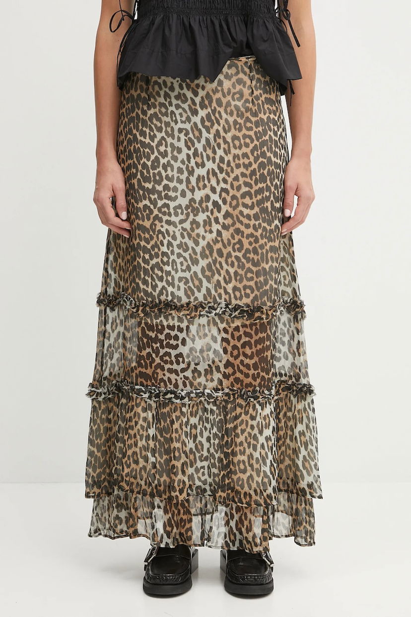 Sukňa GANNI GANNI Printed Viscose Chiffon Long Ruffle Maxi A-Line Skirt Hnedá | W0435