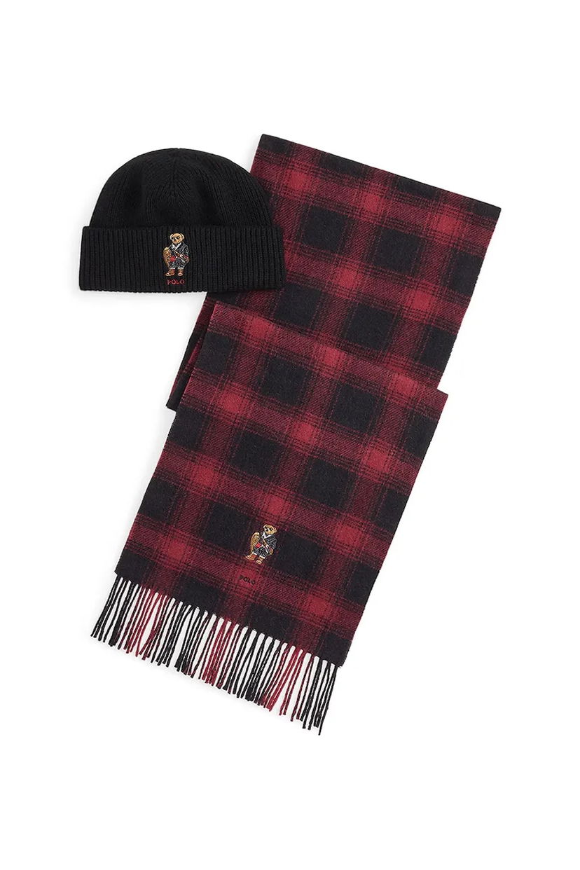 Šál Polo by Ralph Lauren Polo Bear Wool Plaid Scarf and Knitted Beanie Set Čierna | 449P02049