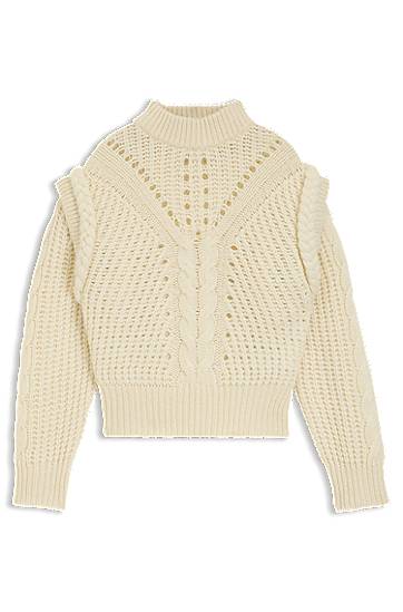 Sveter BOSS Structured Cable and Openwork Knit Mock Neck Sweater with Alpaca and Virgin Wool Biela | 50548951