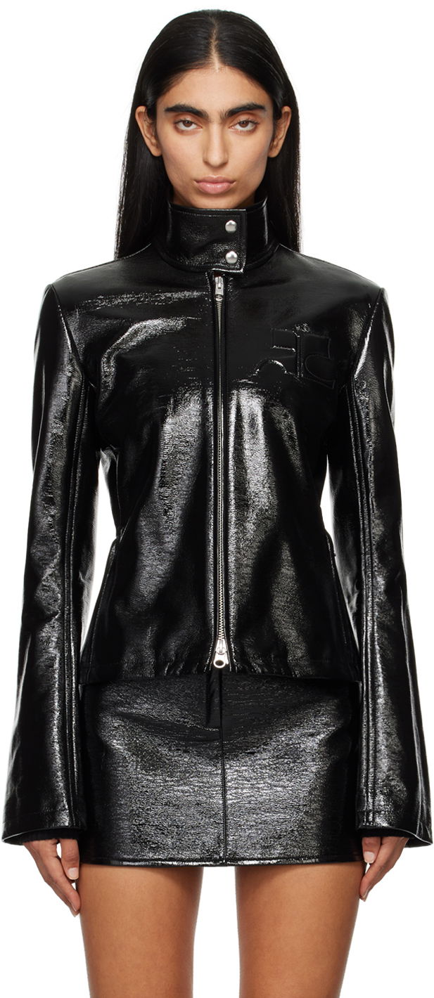 Embossed-Logo Patent Leather Jacket