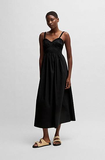 Šaty BOSS Ruched Bodice Cotton-Poplin Midi Dress Čierna | 50537919, 1