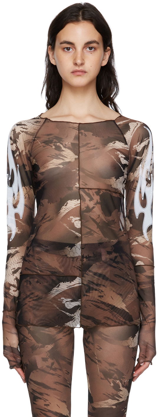 Tričko HERON PRESTON Nylon Long Sleeve T-Shirt Hnedá | HWAD028S22FAB0016401, 0