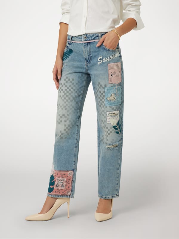 Mid Rise Straight Embroidered Denim Jeans