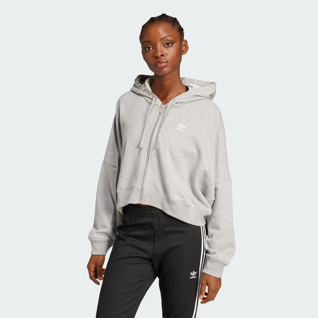 Mikina adidas Performance Essentials Short Full-Zip French Terry Hoodie Šedá | JN7844, 0