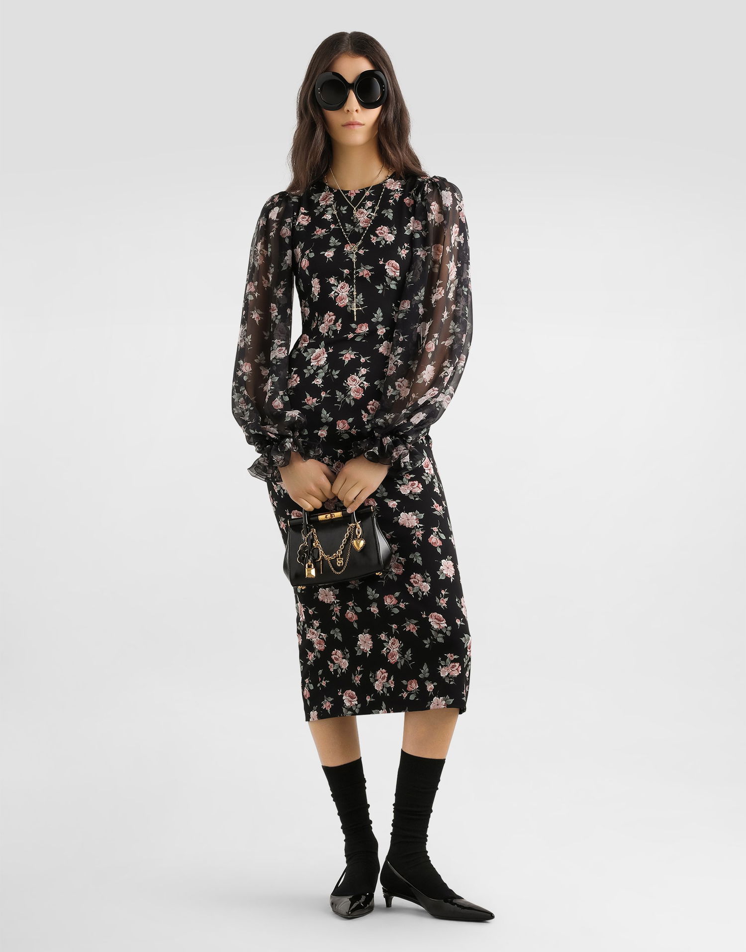 Šaty Dolce & Gabbana Vintage Roses-print Charmeuse Midi Dress with Sheer Puffed Sleeves Rôznofarebný | F611DTFSA8CHN5XQ, 1