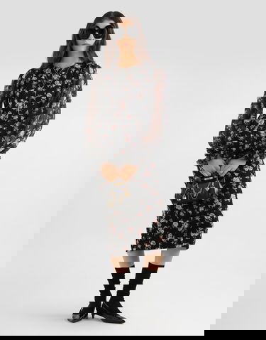 Šaty Dolce & Gabbana Vintage Roses-print Charmeuse Midi Dress with Sheer Puffed Sleeves Rôznofarebný | F611DTFSA8CHN5XQ, 1