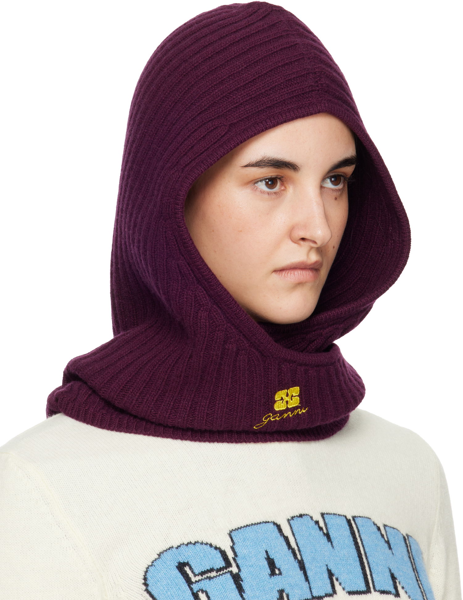 Klobúk GANNI Ribbed Knit Wool Mix Balaclava Vínová | A6927, 1