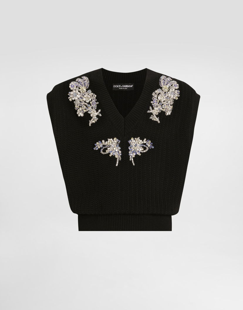 Sveter Dolce & Gabbana Dolce & Gabbana Cable-Knit Wool Vest with Crystal Embellishments Čierna | GXT40ZJDVC7N0000