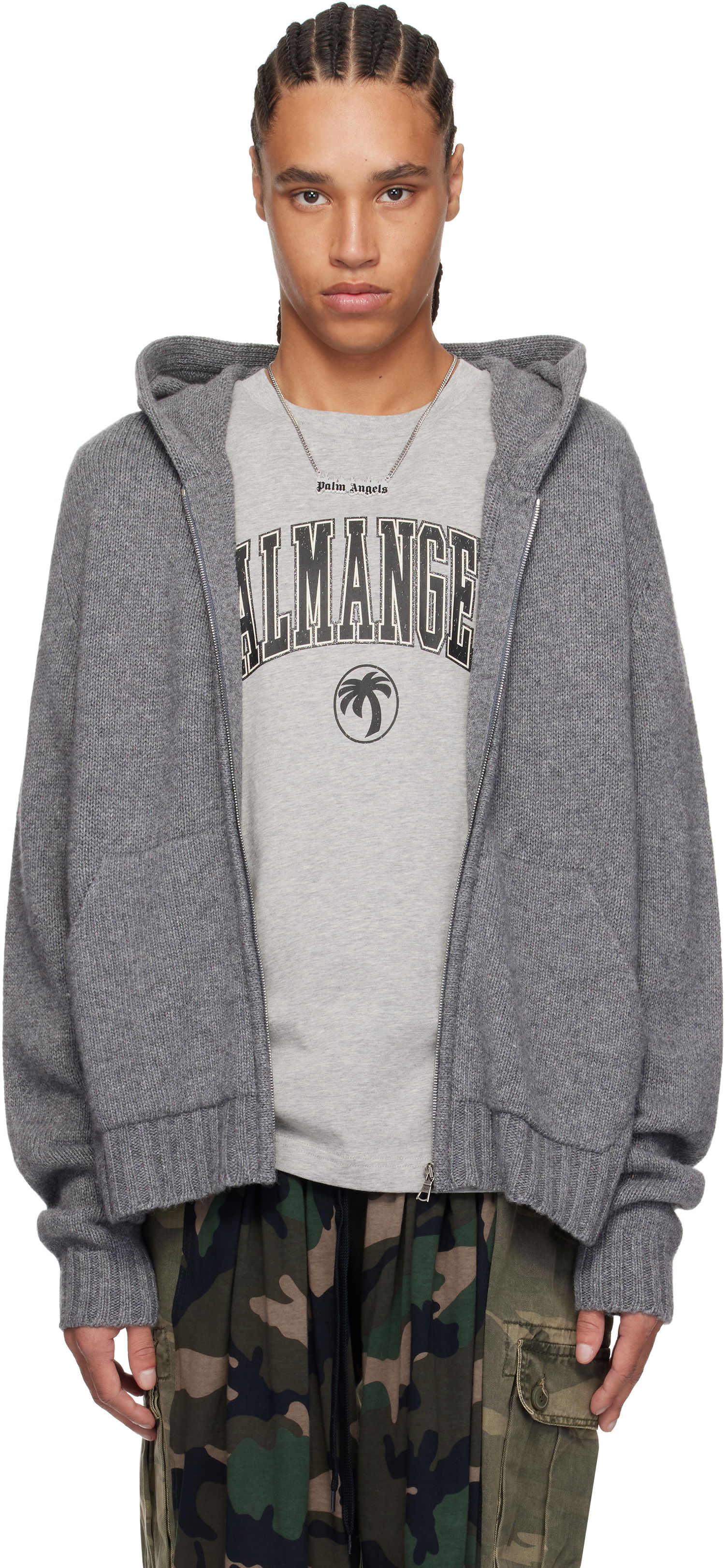 Sveter Palm Angels Palm Angels Knit Zip Hoodie Šedá | PMHU023S25KNI0010803, 0