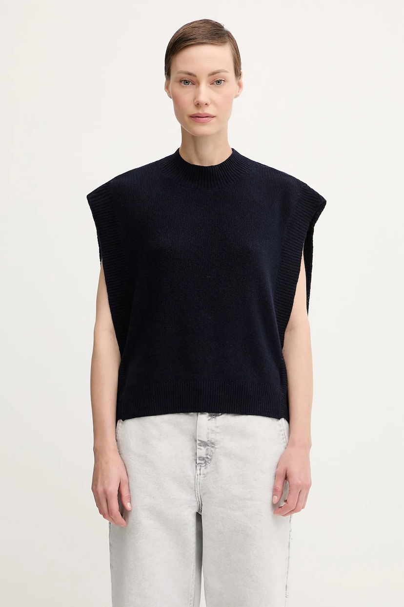 Vesta A.P.C. Wool Rib-Knit Mock Neck Vest Pull Mathilde Navy | WOASA.F23430