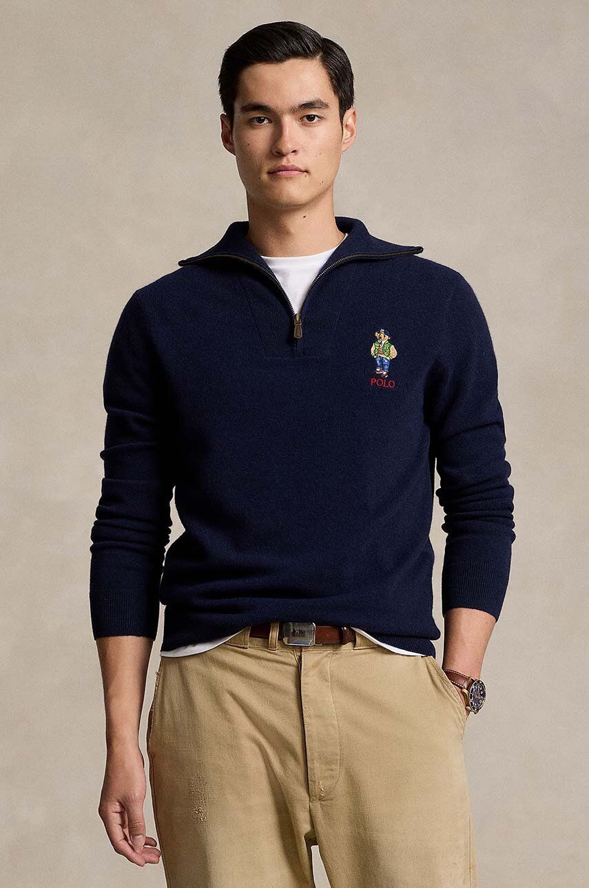 Navy Blue Quarter-Zip Embroidered Sweater