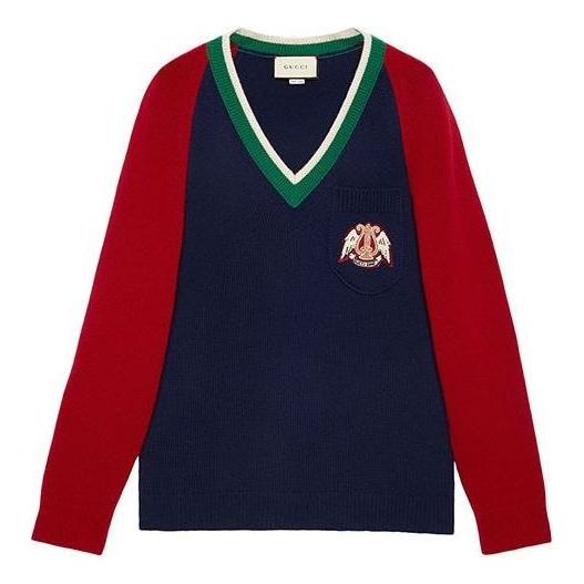 Sveter Gucci Gucci V-neck Wool Sweater With Lyre Patch Modrá | 575504-XKATG-4278, 0