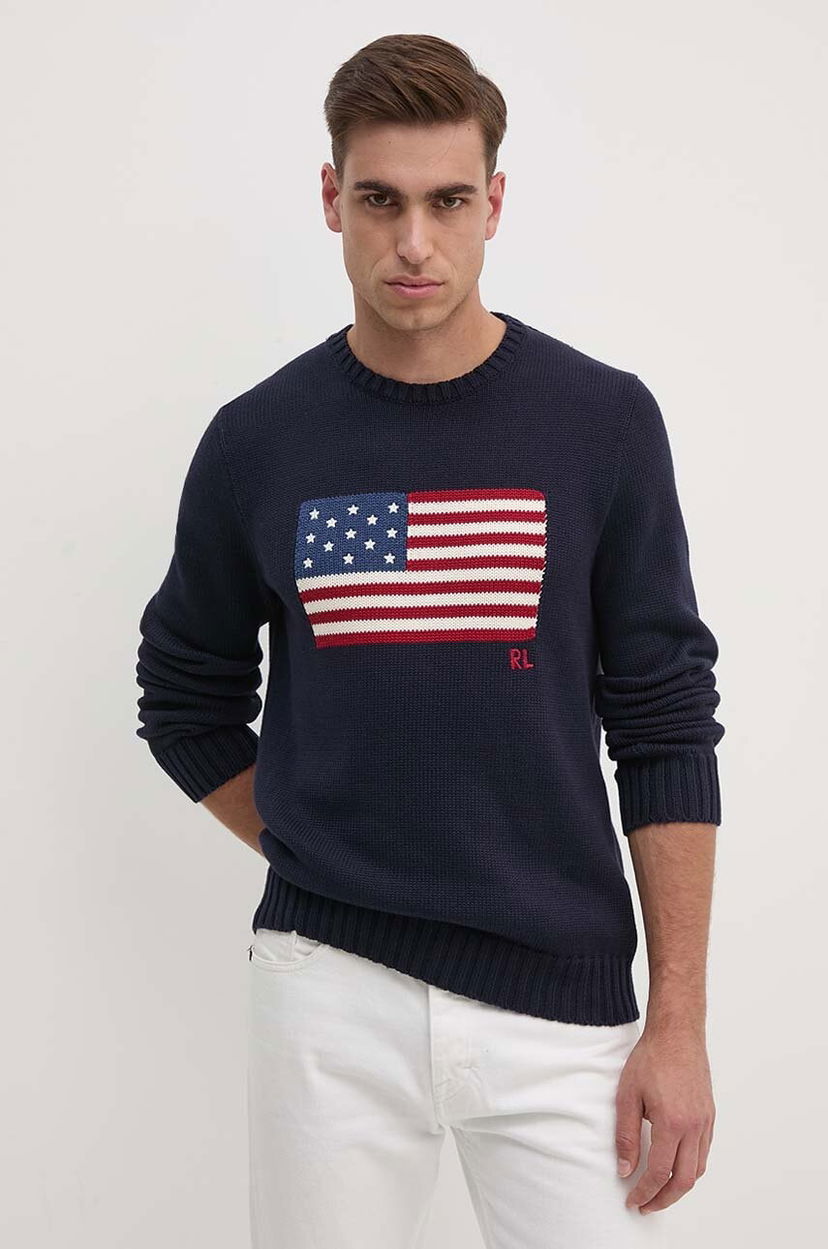 Sveter Polo by Ralph Lauren Cotton Crew Neck American Flag Sweater Navy | 710718281
