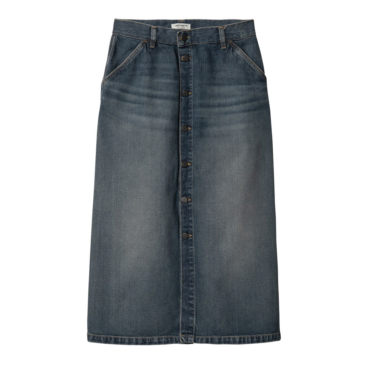 Worn Wash Button-Front Denim Midi Skirt