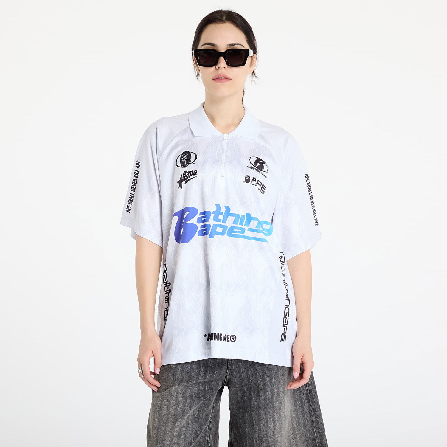 Polo tričko BAPE A BATHING APE Flame Pattern Overall Print Half Zip Relax Fit Polo Shirt Biela | 001POL301304MWHT, 0