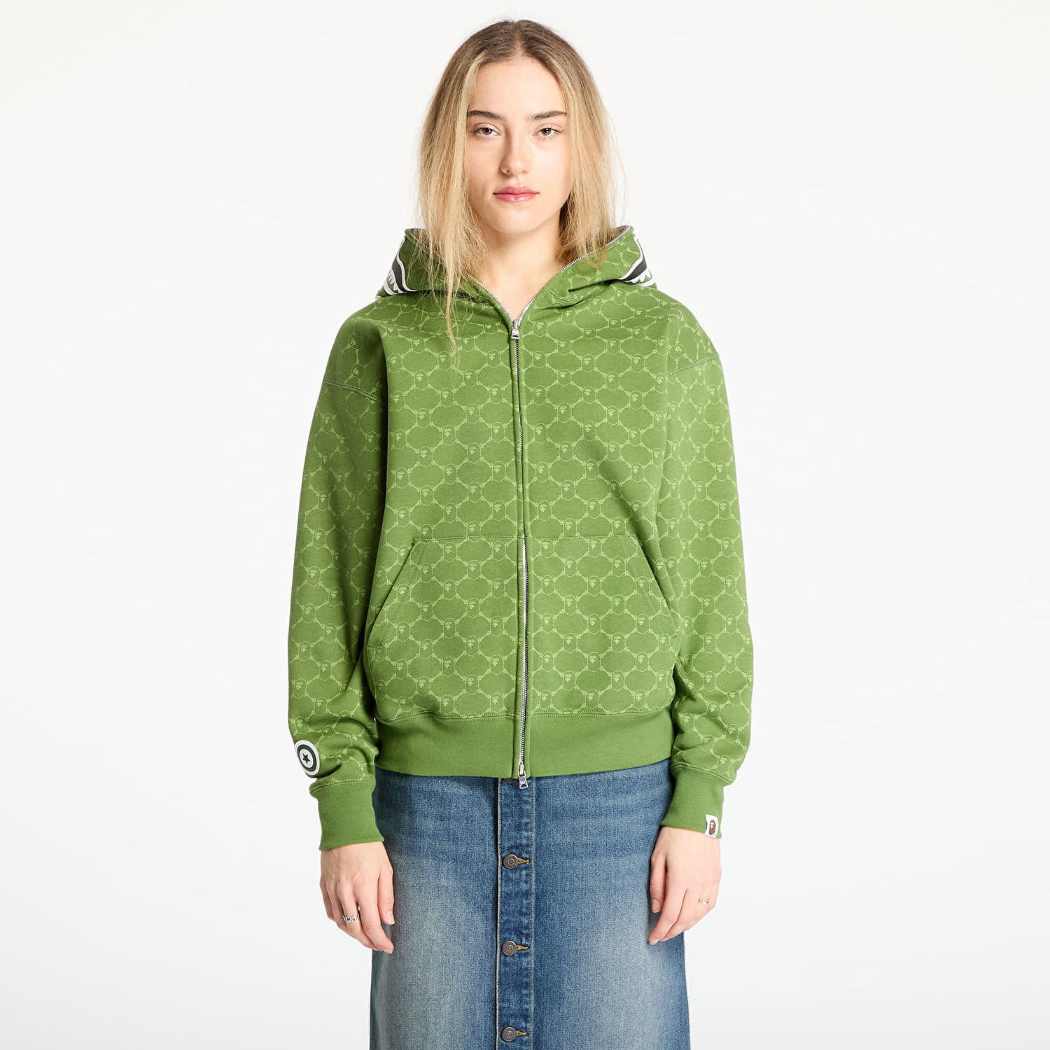 Mikina BAPE A BATHING APE College Monogram Relaxed Fit Shark Full Zip Hoodie Zelené | 001ZPL301314MGRN, 1