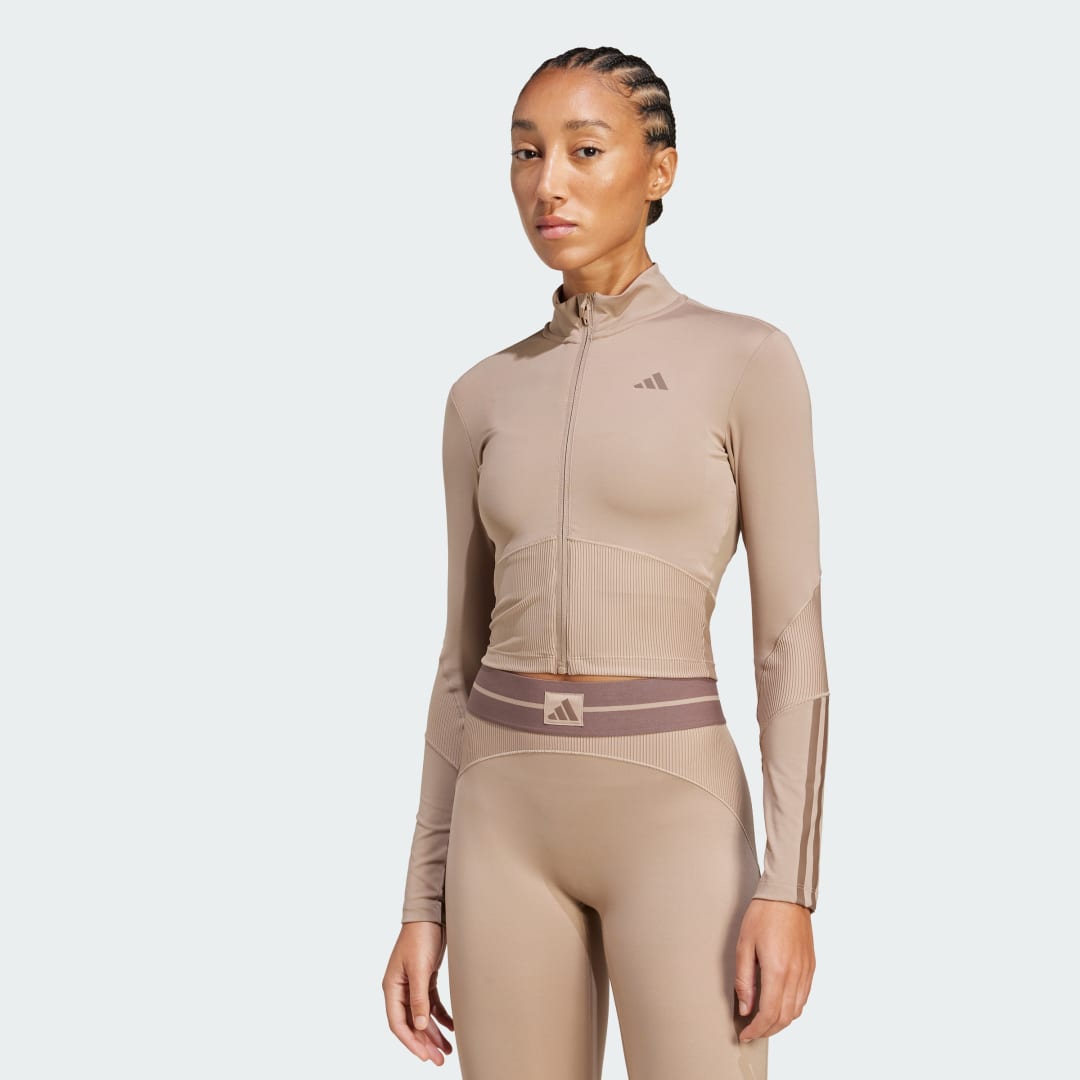 Crop Top adidas Performance Hyperglam Rib Zip Thru Top Béžová | JY2093, 0