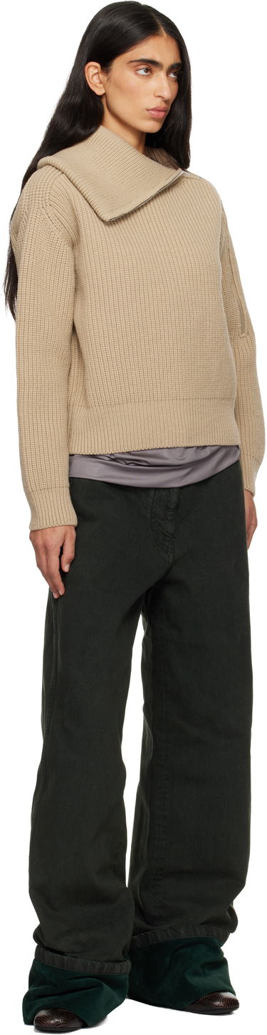 Sveter Dries Van Noten Dries Van Noten Ribbed Wool Knit Sweater with Asymmetric Zipped Collar Béžová | 252-011235-2707, 3