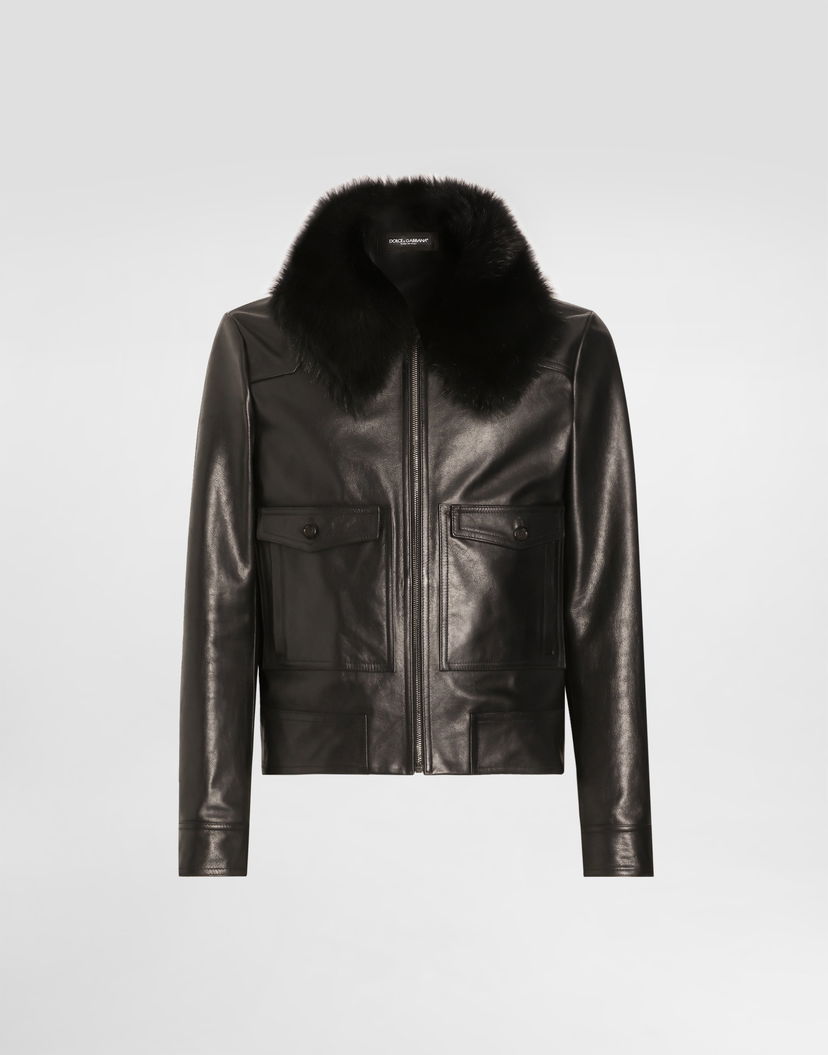 Bunda Dolce & Gabbana Dolce & Gabbana Single-Breasted Leather Jacket with Fur Collar Čierna | G9BUQLHULXFN0000
