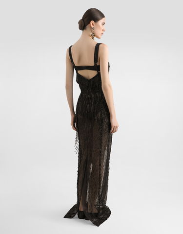 Šaty Dolce & Gabbana Dolce & Gabbana Long Marquisette Dress with Sequined Fringe Čierna | F6TPAZGDC1EN0000, 2