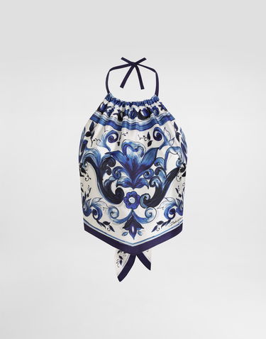 Tielko Dolce & Gabbana Dolce & Gabbana Majolica-Print Silk Halter Top Modrá | I7S09WHI1Y7HY3TN, 0