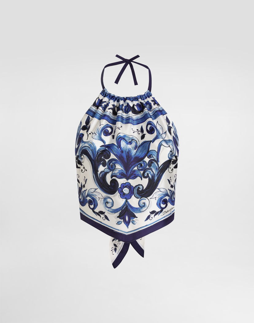 Tielko Dolce & Gabbana Dolce & Gabbana Majolica-Print Silk Halter Top Modrá | I7S09WHI1Y7HY3TN