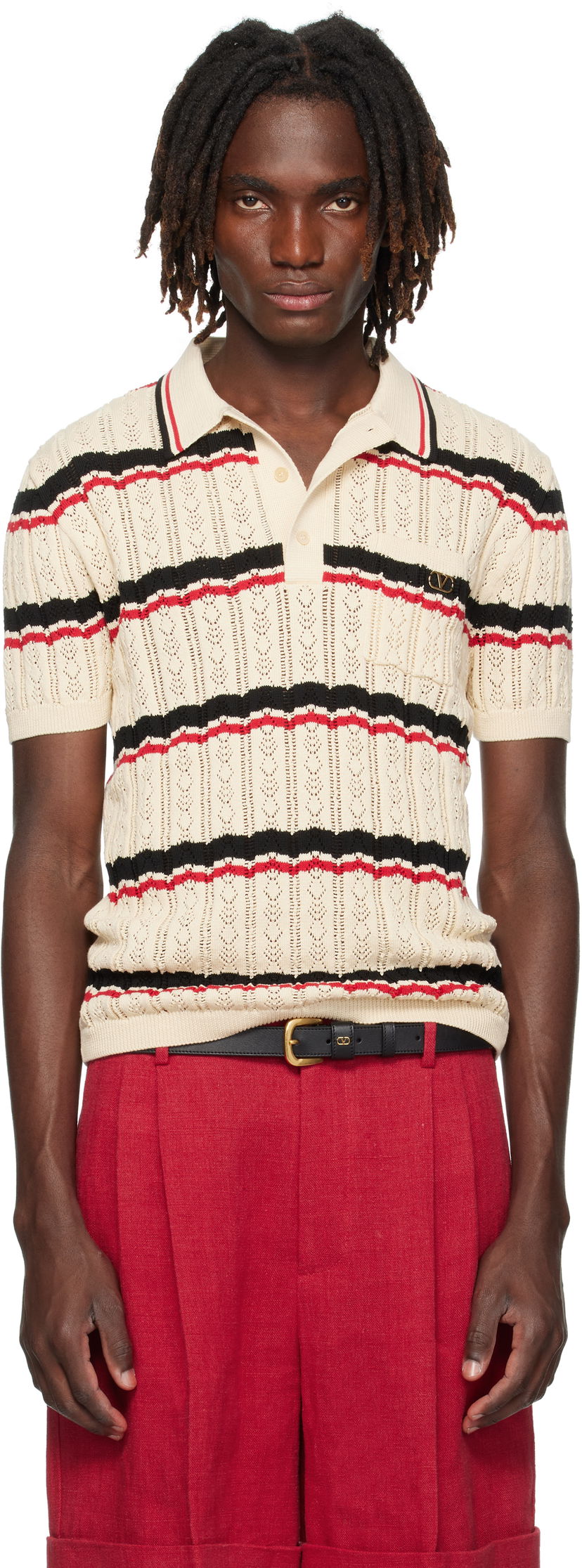Polo tričko Valentino Valentino Striped Knit Polo Béžová | 7V3KP03XB0S
