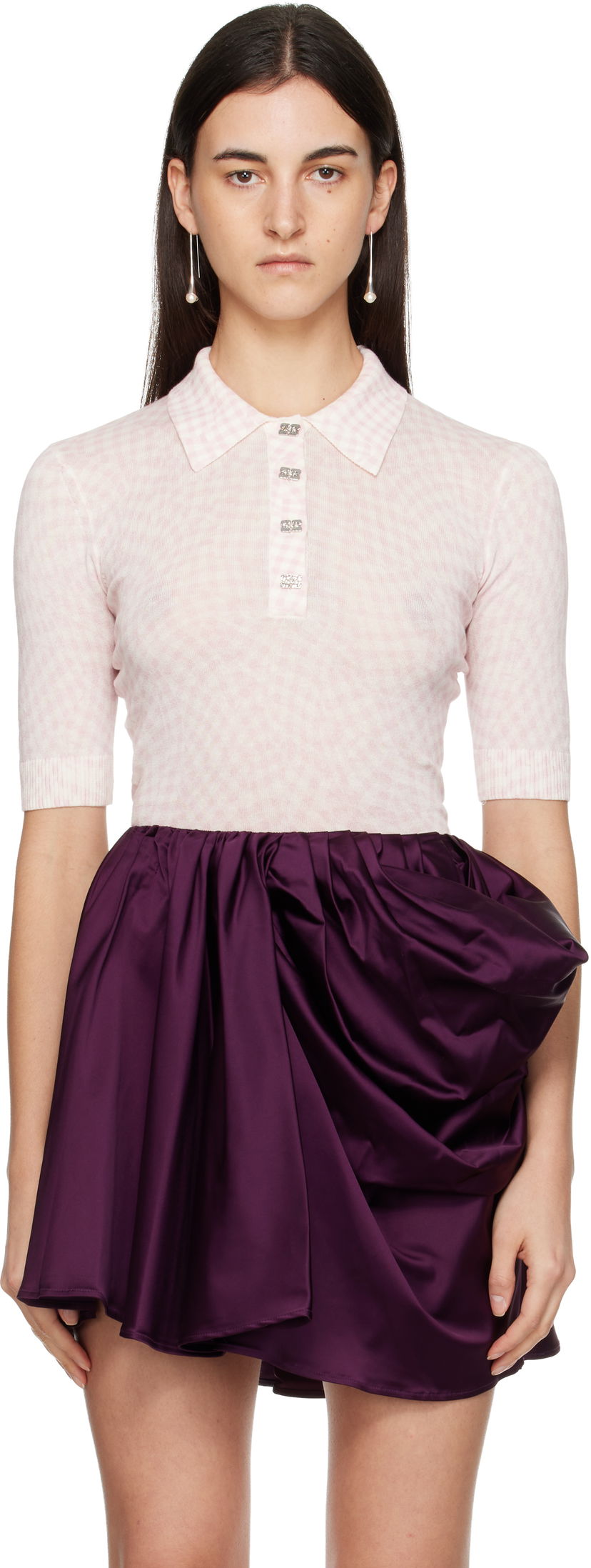 Polo tričko GANNI Sheer Cotton Checkered Knit Polo with Embellished Buttons Ružová | K2491