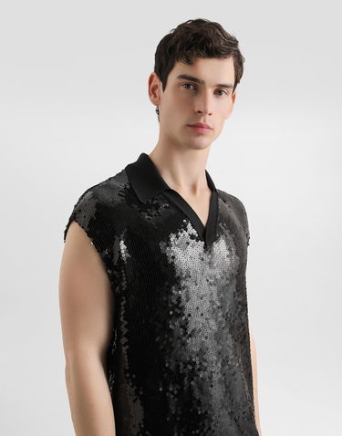 Polo tričko Dolce & Gabbana Dolce & Gabbana Men's Sequined Sleeveless Polo Čierna | G8ST8TFLSEPN0000, 3
