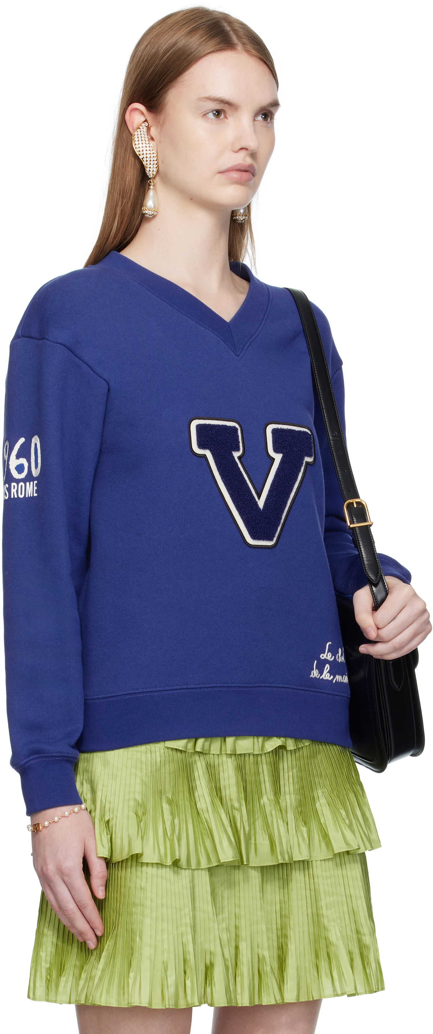 Mikina Valentino Valentino Embroidered Cotton V-Neck Sweatshirt Modrá | 7B3MF24V9KY, 1