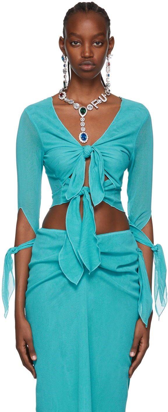 Crop Top Anna Sui Tie-Front Long Sleeve T-Shirt Tyrkysová | 522C24, 0