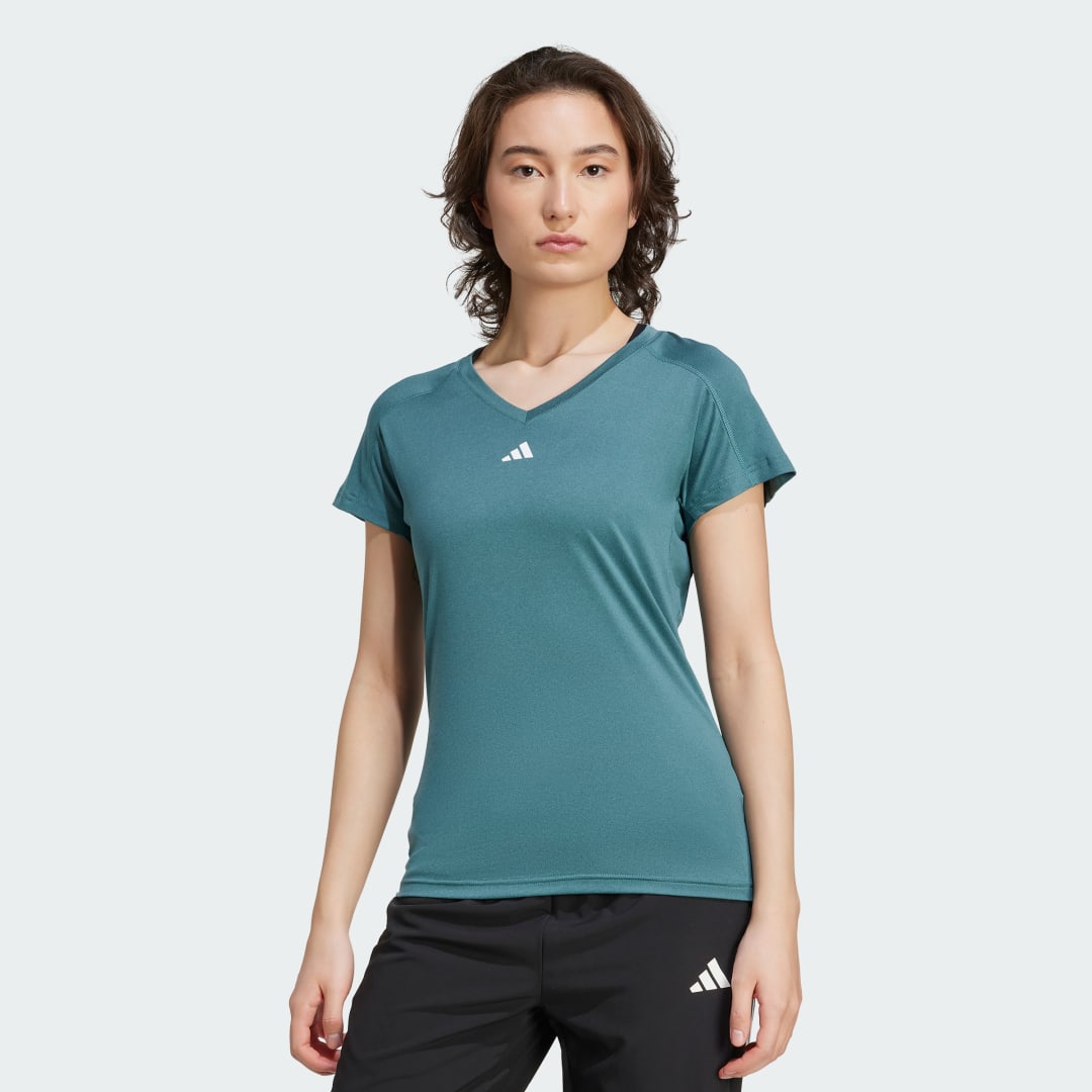 Tričko adidas Performance AEROREADY Train Essentials Minimal Branding V-Neck Tee Tyrkysová | JY2175, 0