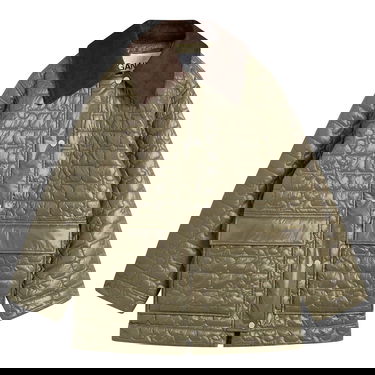 Bunda GANNI Shiny Quilted Jacket with Corduroy Collar and Front Pockets Zelené | A1010078-861, 1