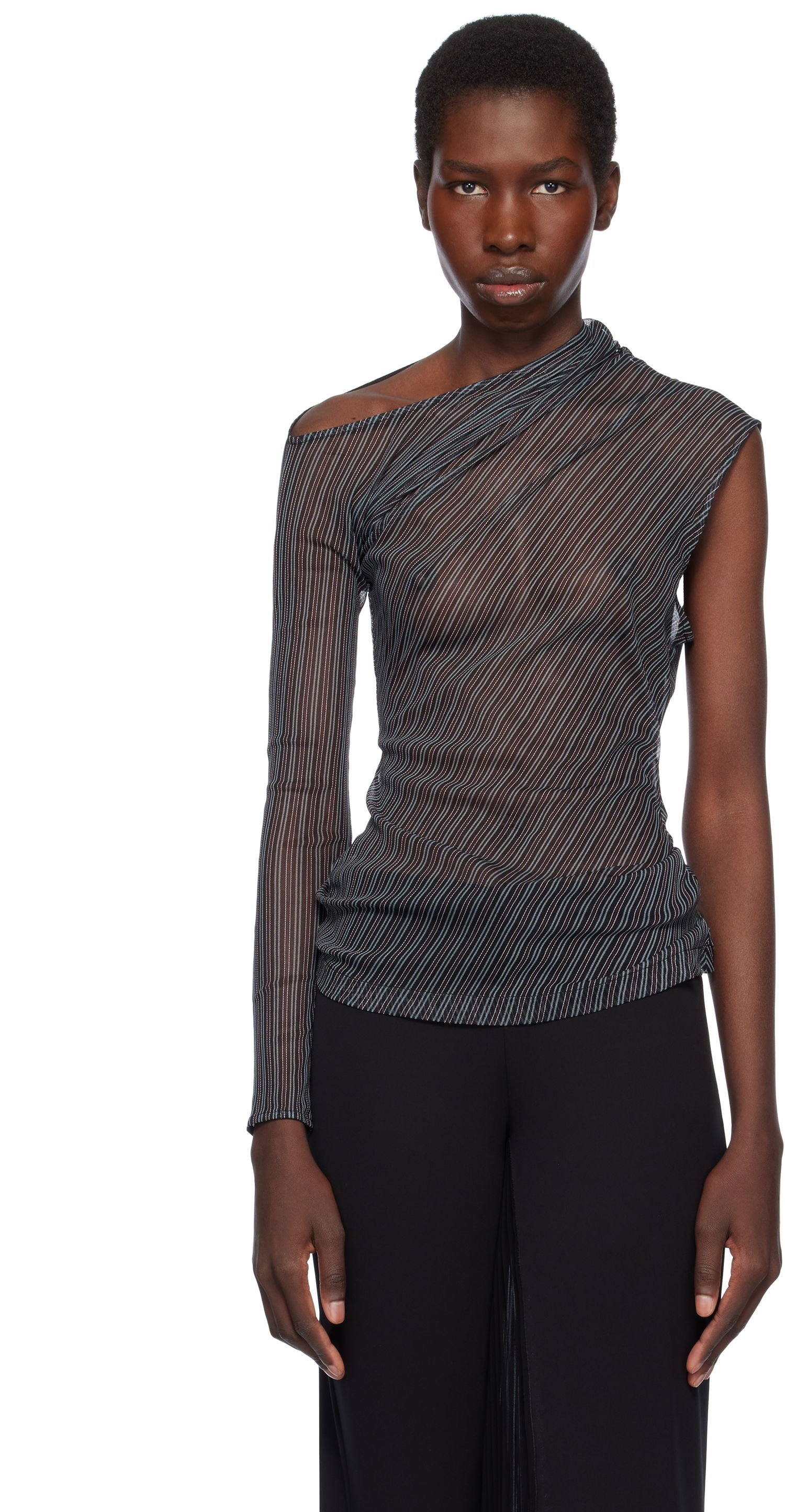 Tričko Courrèges Courrèges Asymmetric Striped Mesh Top Čierna | 125JTO387PR0099, 0