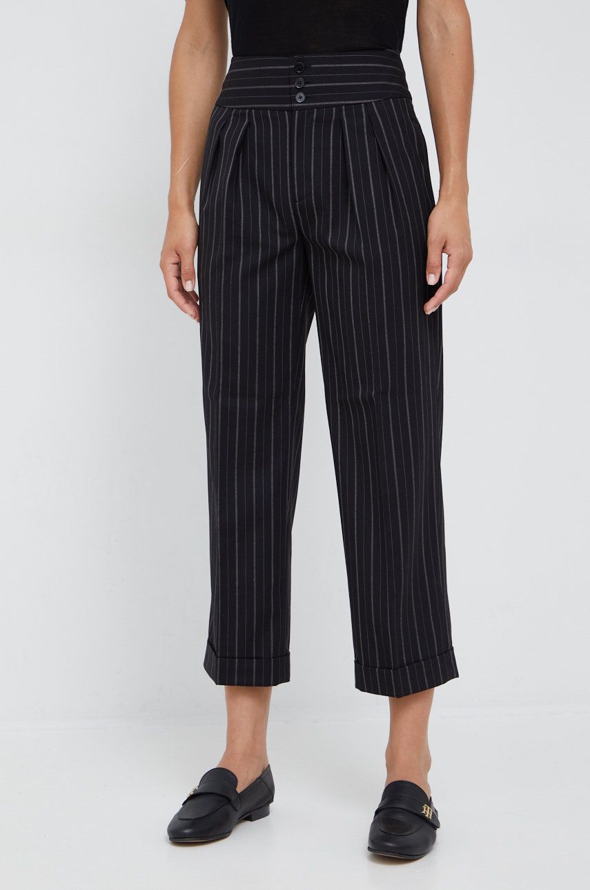 Nohavice Polo by Ralph Lauren Pinstripe Print Wool Crepe Blend Pleat Front Wide Leg Ankle Pants Čierna | 200872111001, 0