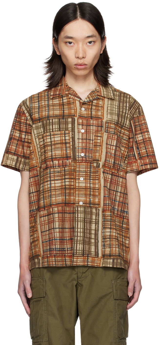 Košeľa BEAMS BEAMS PLUS Block Print Short Sleeve Shirt Hnedá | 3801-0108-139, 0