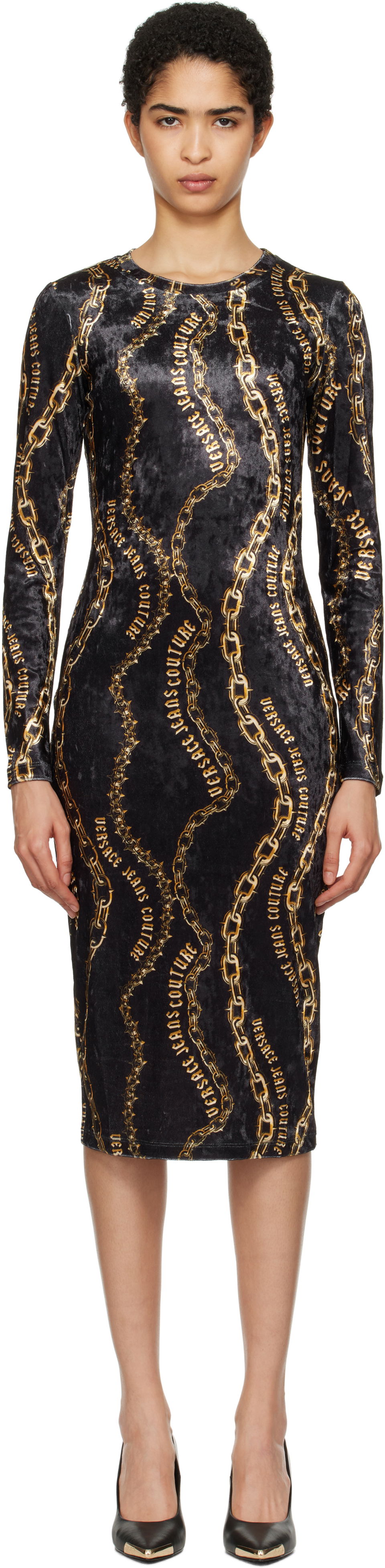 Šaty Versace Chain Couture Velvet Midi Dress Čierna | E77HAO9B0_EJS367, 0