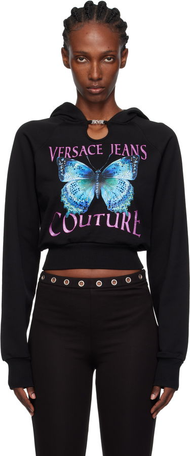 Mikina Versace Versace Jeans Couture Butterfly Graphic Cropped Hoodie with Keyhole Detail Čierna | 79HAIB01-CFB00, 0
