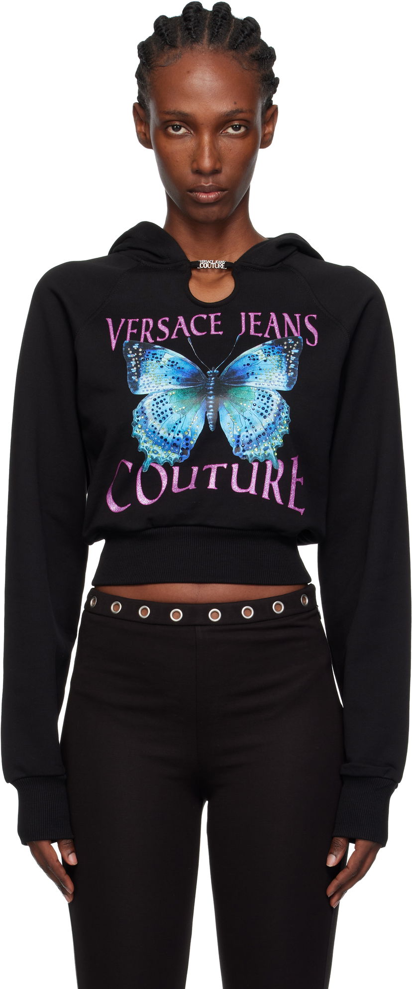 Mikina Versace Versace Jeans Couture Butterfly Graphic Cropped Hoodie with Keyhole Detail Čierna | 79HAIB01-CFB00