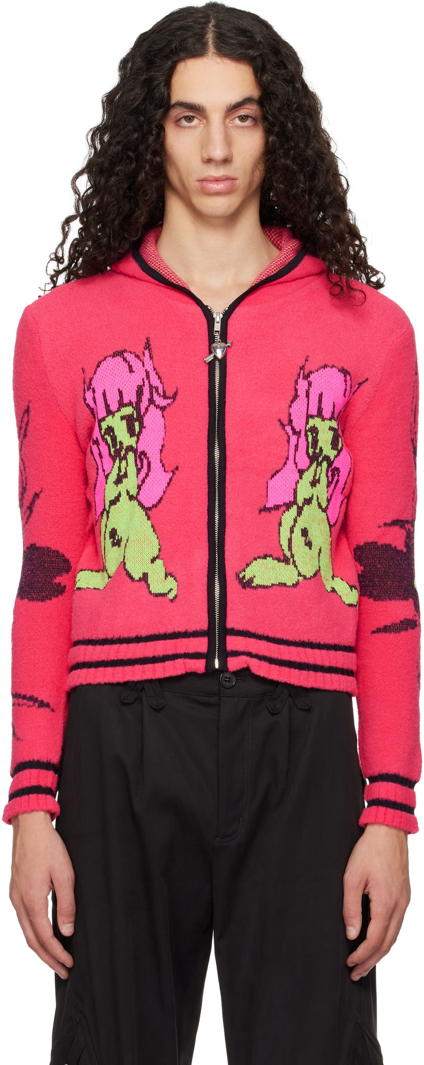 Mikina Chopova Lowena Full-Zip Graphic Knit Hoodie with Striped Trim 'My Name Is Tiny' Ružová | 5255