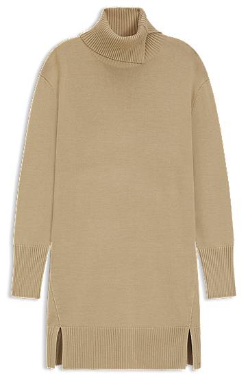 Šaty BOSS Long Split-rollneck Side-slit Sweater Dress in Wool Blend Béžová | 50550493