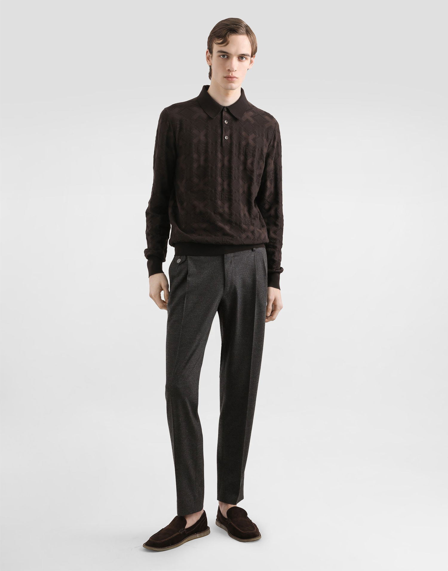 Polo tričko Dolce & Gabbana Dolce & Gabbana Wool and Silk Long Sleeve Polo Shirt with Microdot Print Hnedá | GXZ25TJGMABM1213, 1