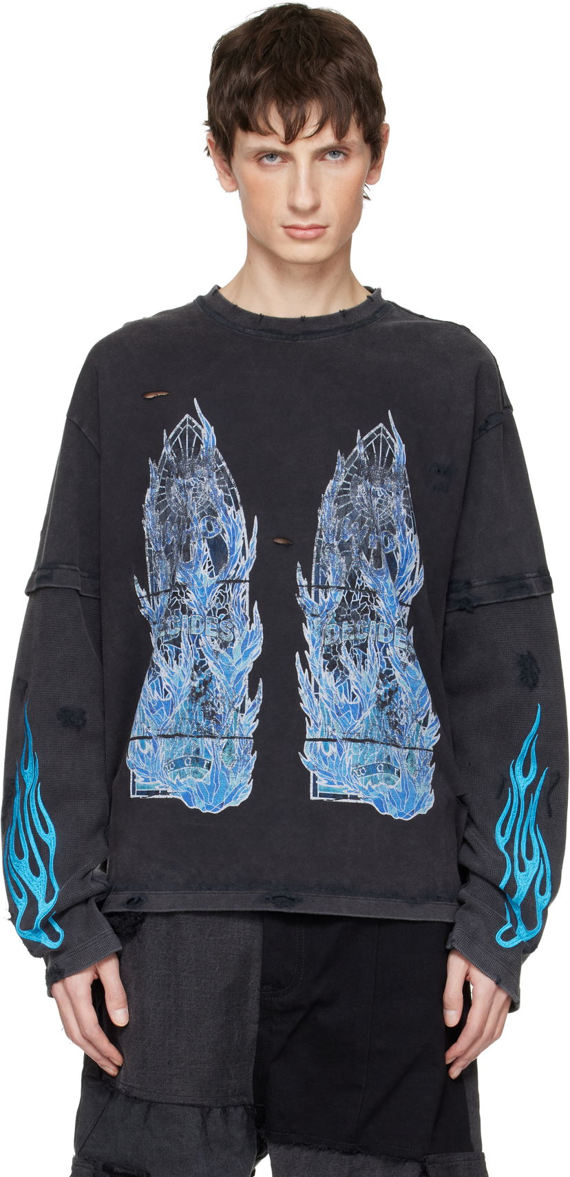Tričko Who Decides War Who Decides War Distressed Long-Sleeve Flame Glass Double T-shirt Čierna | 1110280002FW25