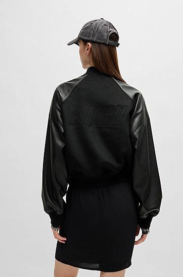 Bomber bunda BOSS Cropped Bomber Jacket with Faux Leather Sleeves Čierna | 50529951, 1